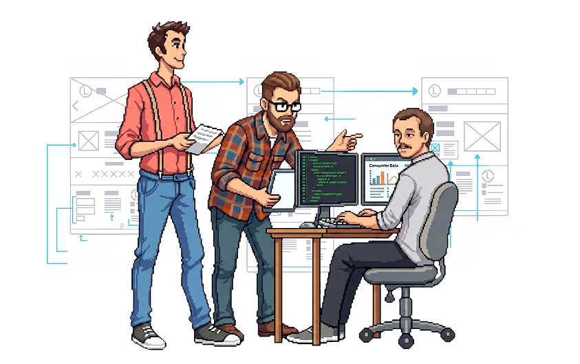 Tým spolupracuje na webovém návrhu před wireframe pozadím.